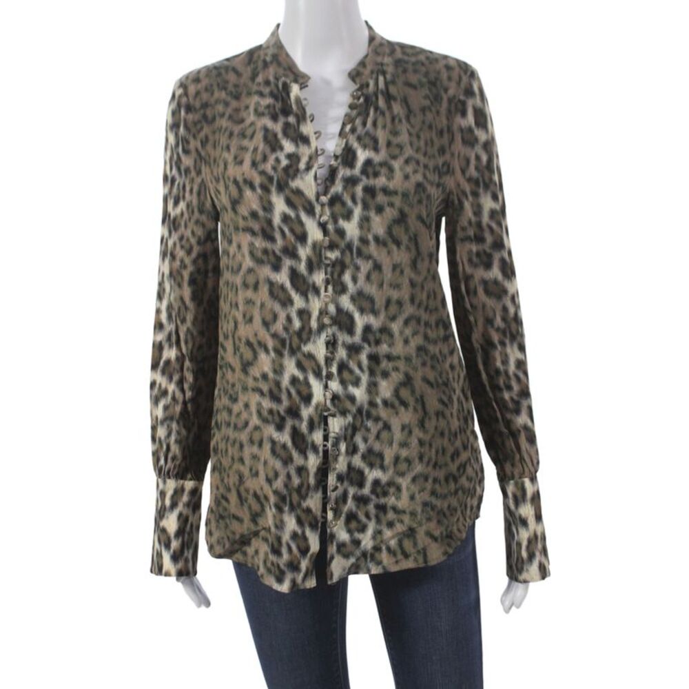 Joie Women Basic Animal Print Henley Button Long Sleeve Viscose Blouse Size XS